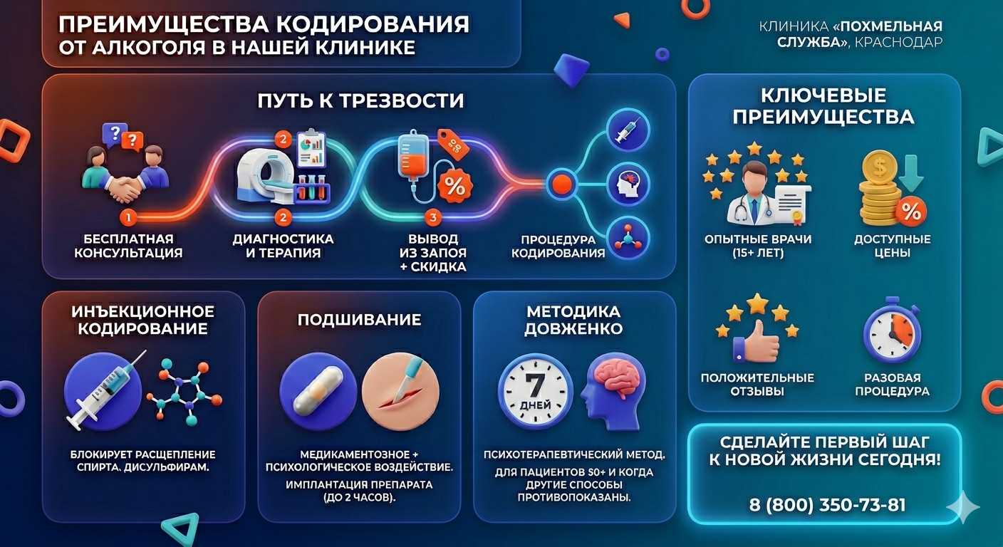 Инфографика о методах кодирования от алкоголя в Братске: инъекции, подшивание, метод Довженко. Преимущества клиники и этапы лечения.