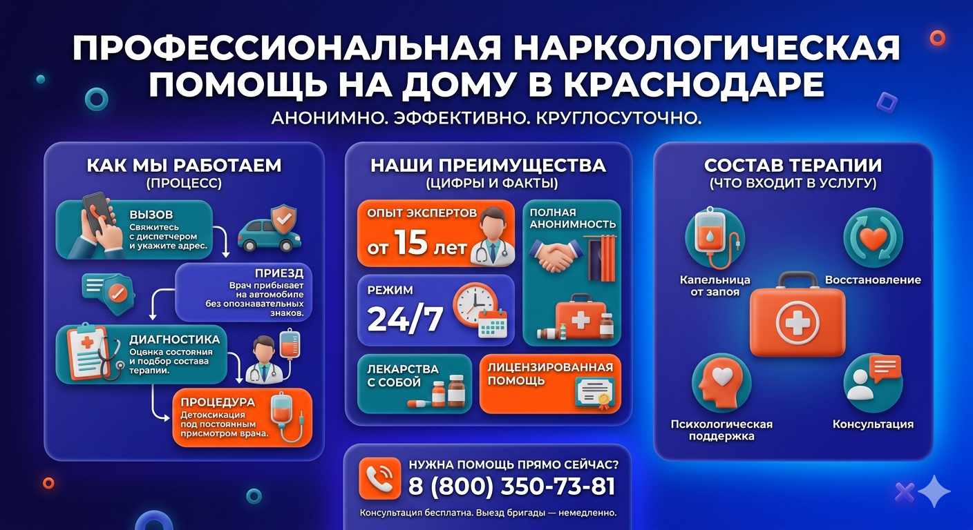 Инфографика о принципах лечения алкоголизма на дому в Братске: этапы вызова нарколога, преимущества анонимной детоксикации и состав медицинской помощи.